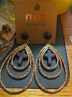 Copper-Tone Teardrop Earrings with Black Cross Charms